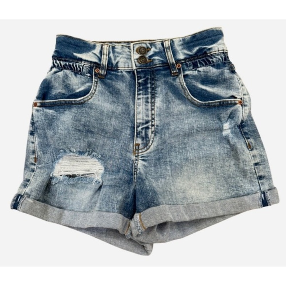 Vanilla Star Faded Wash Distressed Cuffed Denim Mom Shorts Size 1